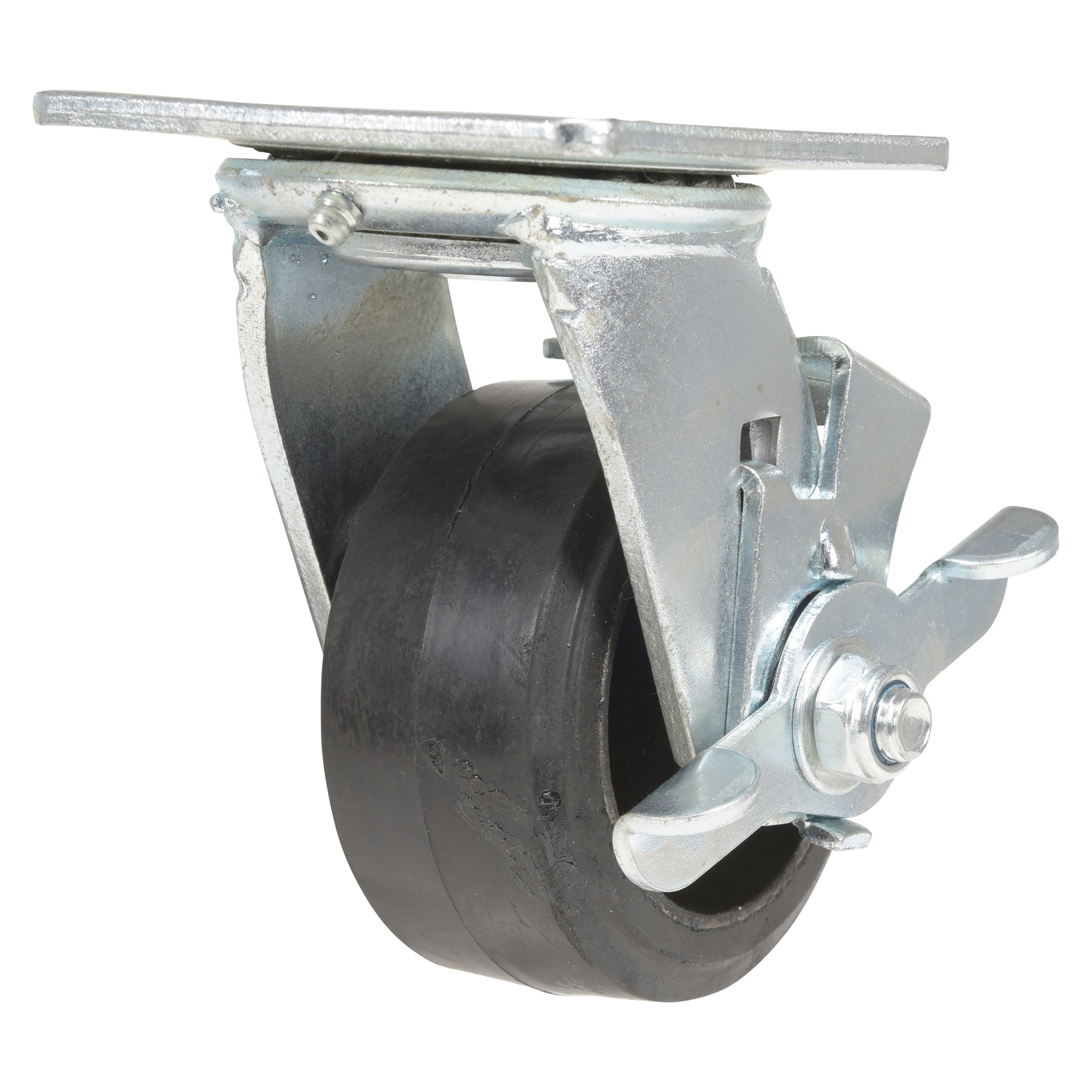 Vestil Rubber Swivel Caster with Brake - 4in. x 2in., Mold-On Rubber, Zinc Plated, Model# CST-VE-4X2MR-SWB